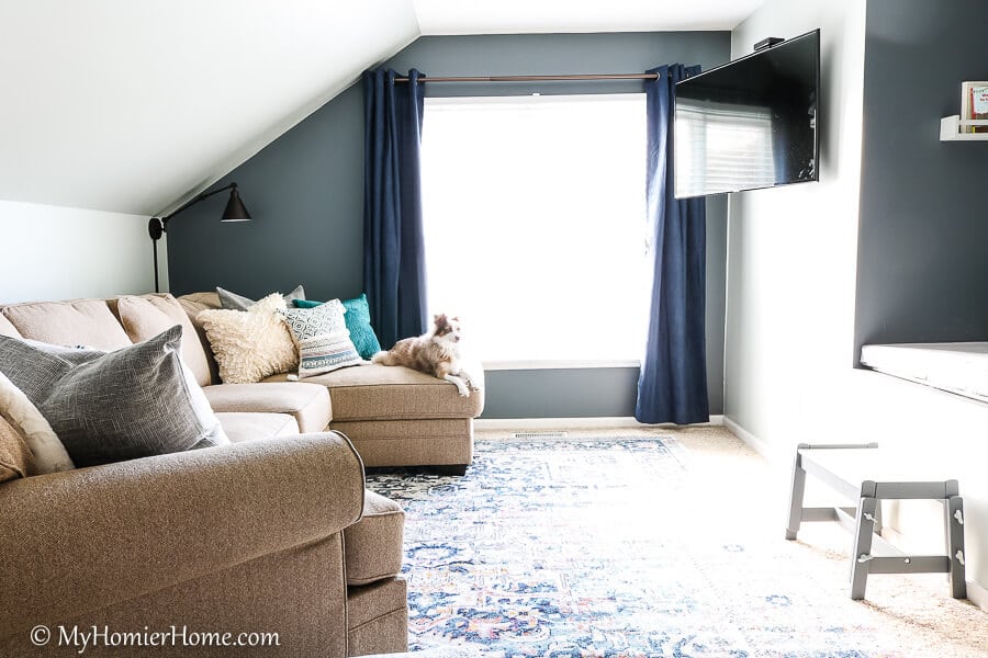 This little guy is enjoying the new bonus room makeover. Check out the final reveal!