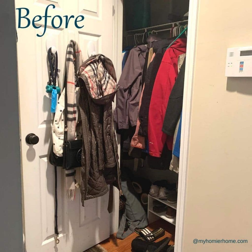 My coat closet before I used my 11 tips to declutter and organize for the quick-win!