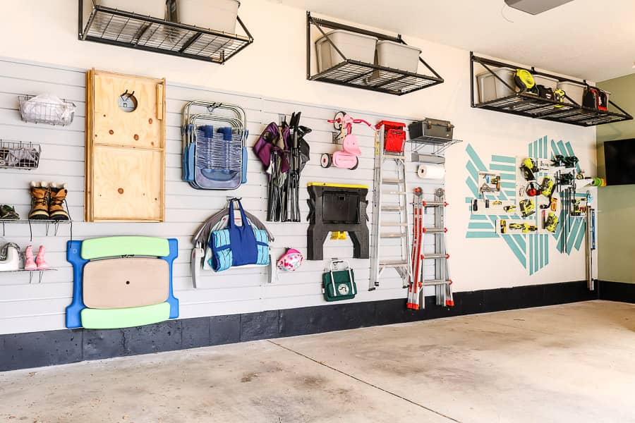 Garage Makeover Reveal slat wall organized
