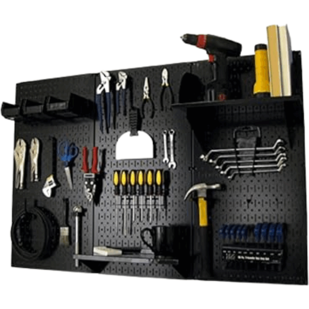 A black wall-mounted pegboard offers smart garage storage ideas, neatly organizing hand tools like pliers, screwdrivers, a hammer, wrenches, a drill, tape, and small storage bins.