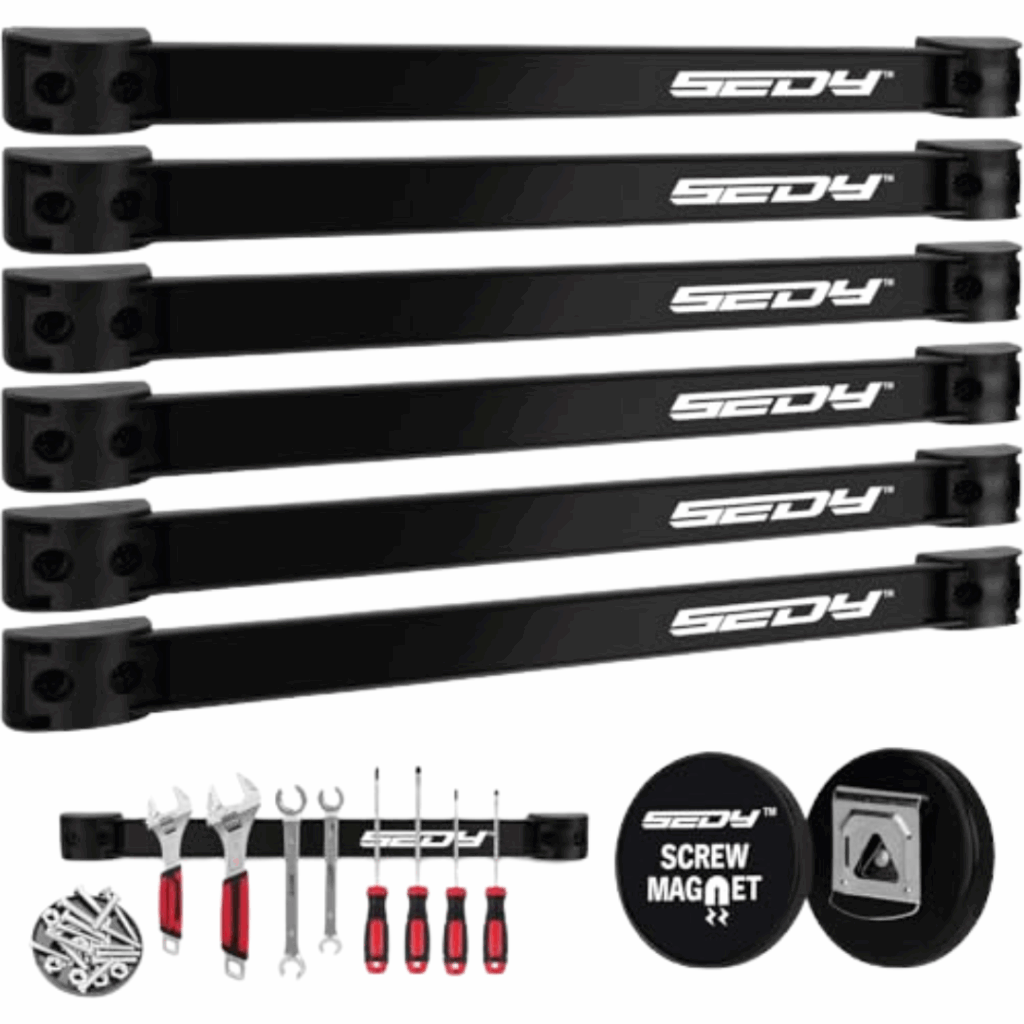 A set of five black Sedy magnetic tool holders with various hand tools, screws, a magnetic parts tray, and a magnetic bottle opener—perfect for those seeking practical garage storage ideas.