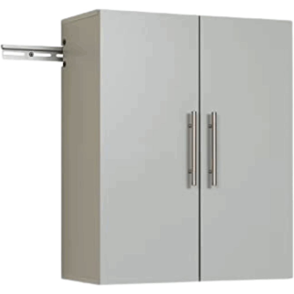 A gray wall-mounted cabinet with two doors and metal handles, featuring a sturdy wall bracket on the left—perfect for organized garage storage ideas.