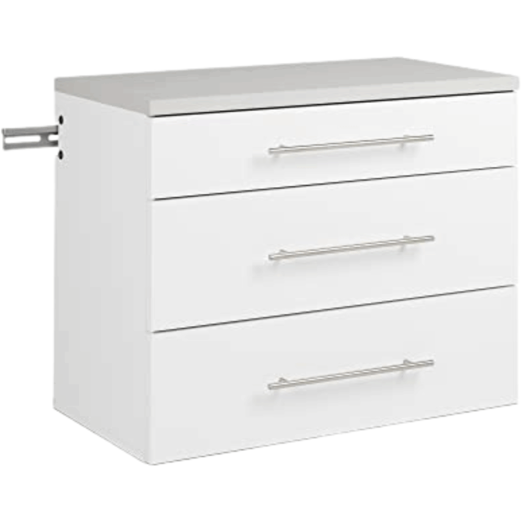 A white three-drawer cabinet with silver handles and a metal bracket attached to the left side, perfect for garage storage ideas, placed against a plain background.