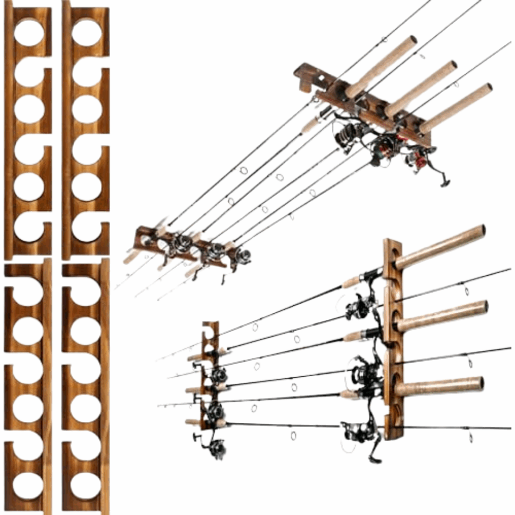 Wall-mounted wooden fishing rod holders displayed from different angles, each holding multiple fishing rods with reels attached—perfect for garage storage ideas and keeping your gear organized and accessible.