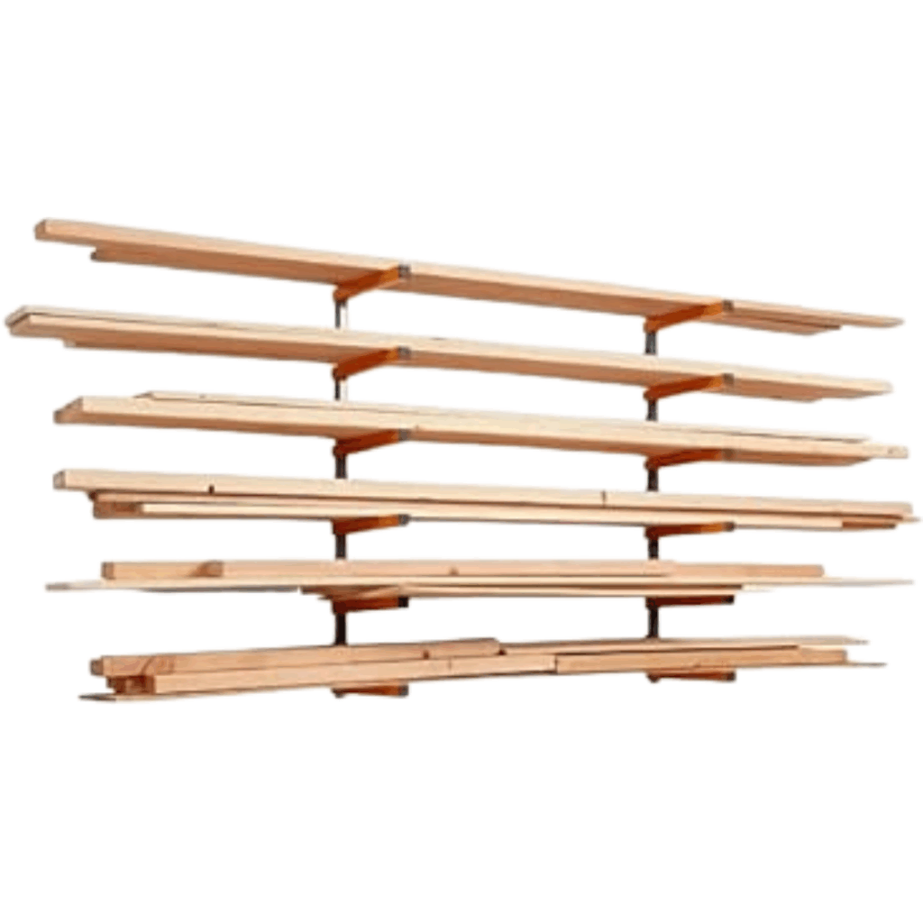 Wooden planks stacked horizontally on a wall-mounted rack, with multiple shelves holding boards of varying lengths, showcase smart garage storage ideas.