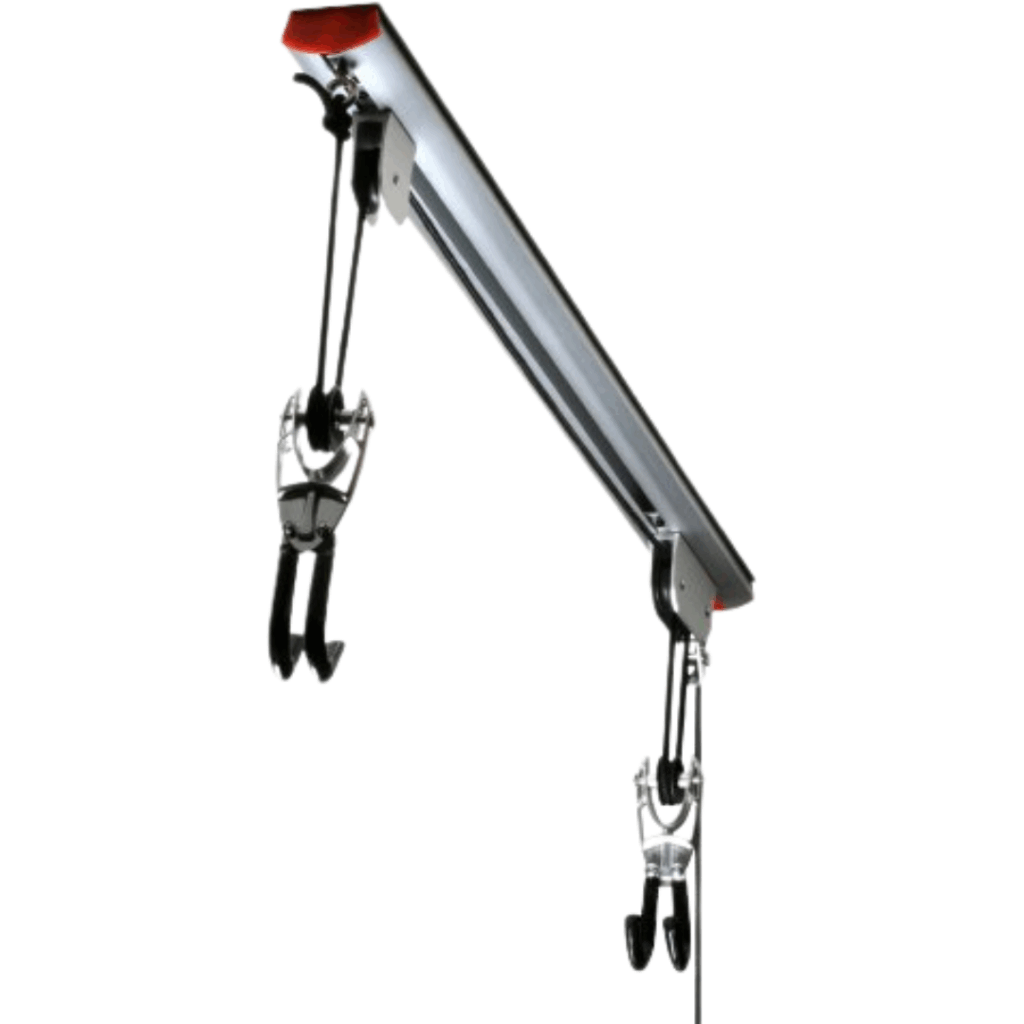 Overhead patient lift system with two suspension hooks and straps, mounted on a horizontal rail—an efficient solution inspired by garage storage ideas, designed for assisting safe and easy patient transfers.