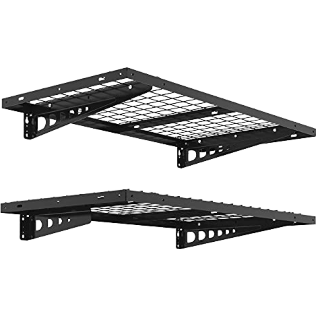 Two black metal wall-mounted storage racks with grid platforms and triangular support brackets—perfect for smart garage storage ideas.