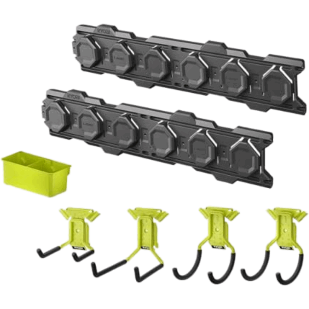 Two black wall-mounted rails with six attachment points each, four yellow storage hooks, and a small yellow storage bin—perfect for organizing tools and offering smart garage storage ideas.
