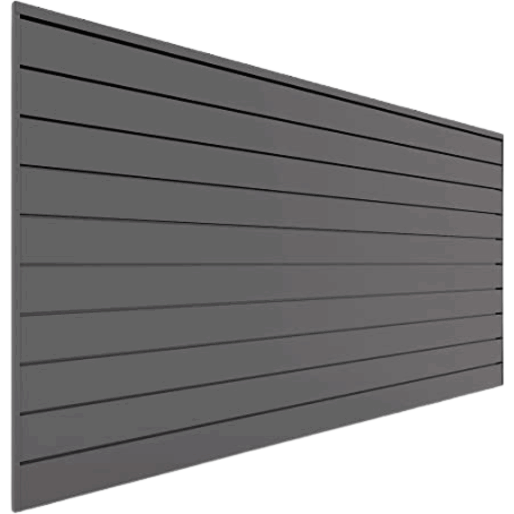 Rectangular gray slatwall panel with evenly spaced horizontal grooves, viewed at an angle against a white background—perfect for inspiring new garage storage ideas.