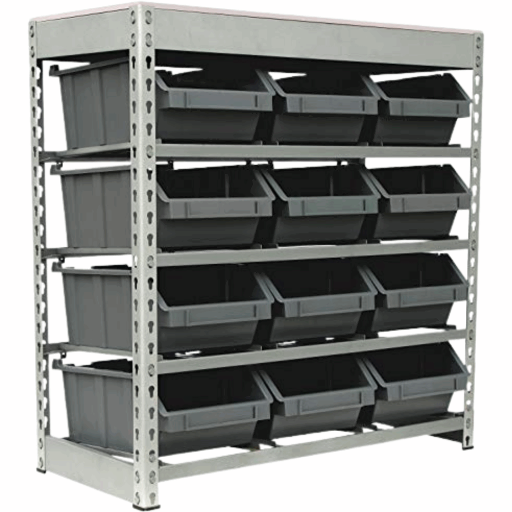 A metal shelving unit with five rows, each holding four black plastic storage bins angled outward for easy access—perfect for those seeking smart garage storage ideas.