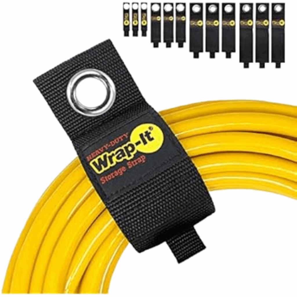 A black Wrap-It storage strap secures a coiled yellow hose; multiple straps are shown in the background, offering smart garage storage ideas.