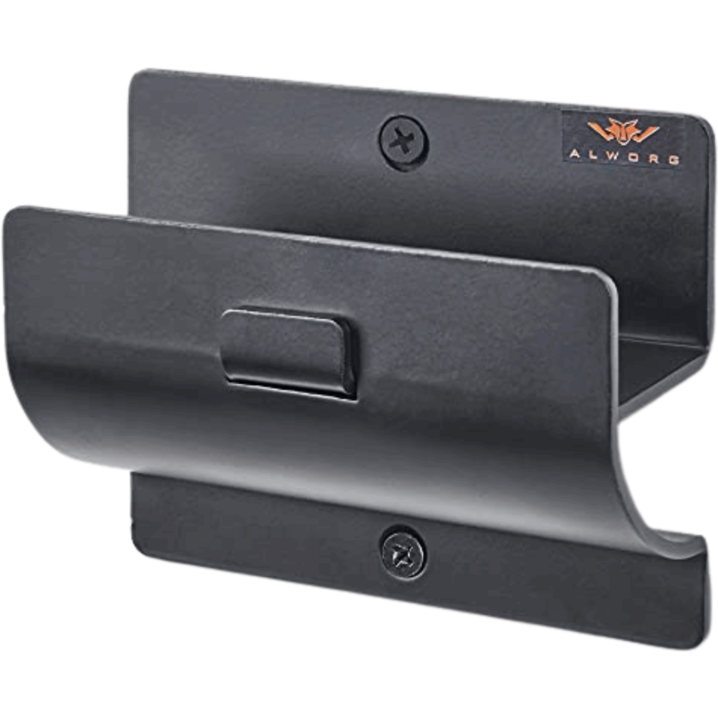 A black wall-mounted metal holder with two screw holes and a small central protrusion, perfect for holding or organizing items—an excellent addition to your garage storage ideas.