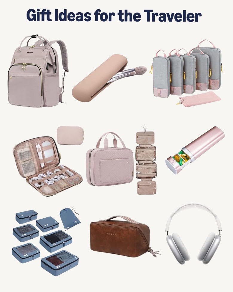 Explore our travel-themed gift ideas available on Amazon: a sturdy backpack, versatile packing cubes, sleek toiletry cases, essential travel bottles, a protective sunglasses case, premium headphones, and an elegant leather pouch. Perfect for any adventurer!