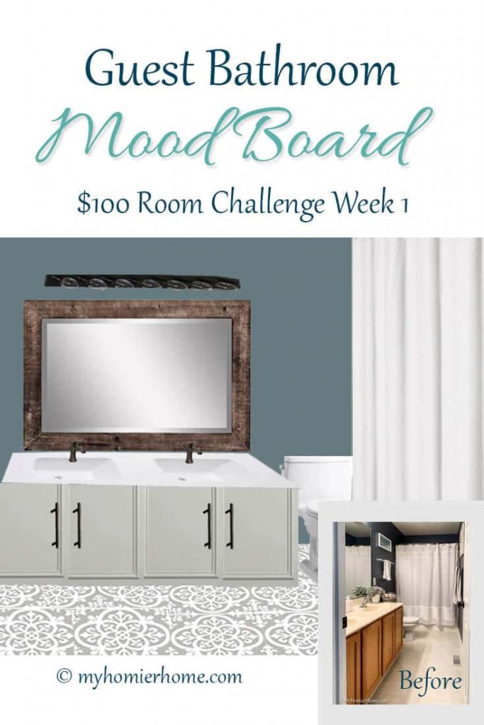 Wanna see my plan to update my 90s bathroom for $100? Come check out my guest bathroom mood board and before photos.