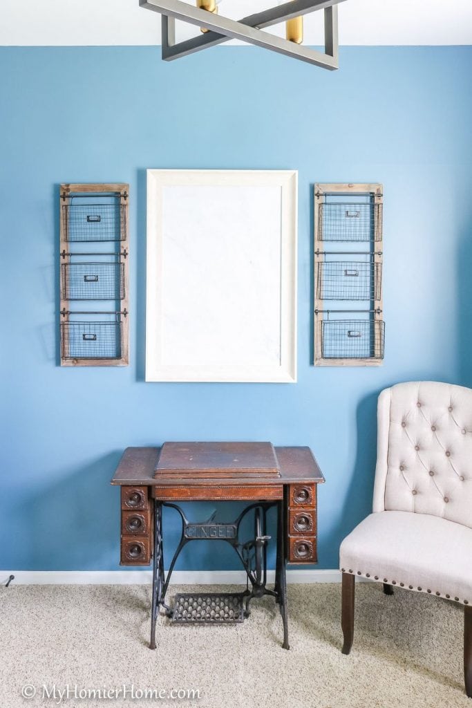 Looking for inspiration for your home office/craft room? My Home Office/Craft Room is complete! Come check out what I did in my final reveal, including a new light fixture, a statement ceiling, and all kinds of organization!