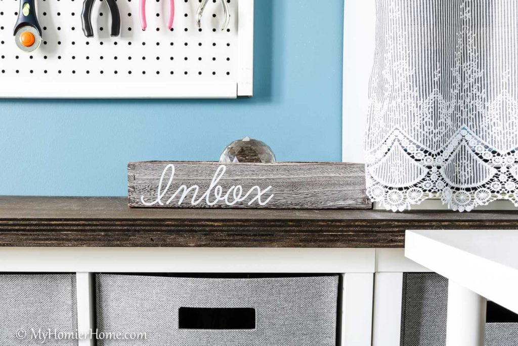 Looking for inspiration for your home office/craft room? My Home Office/Craft Room is complete! Come check out what I did in my final reveal, including a new light fixture, a statement ceiling, and all kinds of organization!