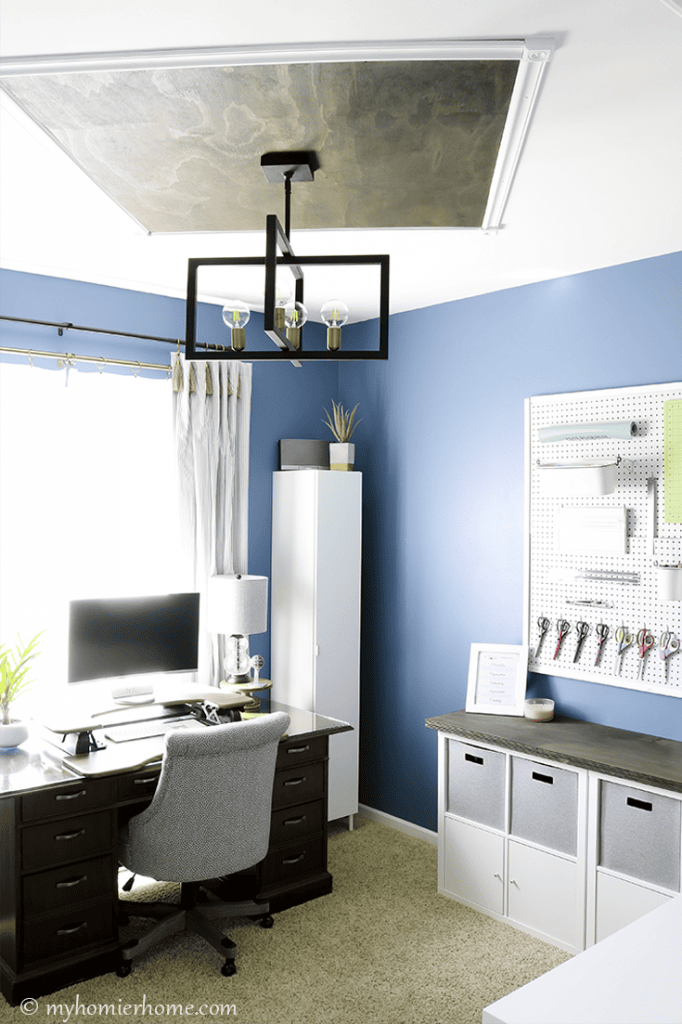 Looking for inspiration for your home office/craft room? My Home Office/Craft Room is complete! Come check out what I did in my final reveal, including a new light fixture, a statement ceiling, and all kinds of organization!