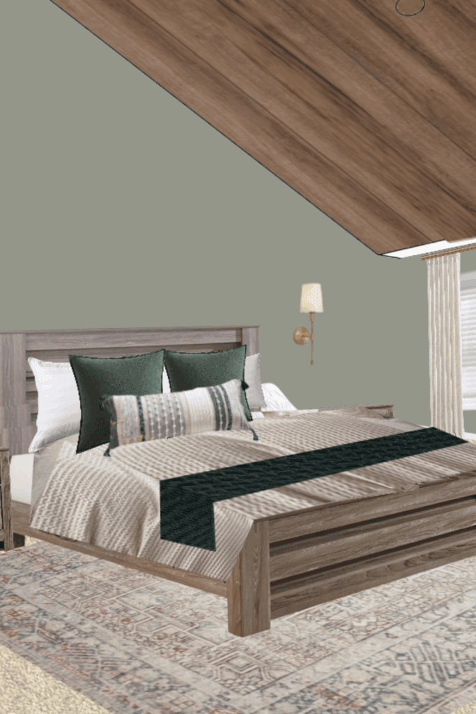 A modern bedroom with a wooden bed, patterned bedding, and multiple pillows perfectly styled to inspire how to arrange pillows on a king bed, plus a wall-mounted lamp and a sloped wooden ceiling above a window with blinds.