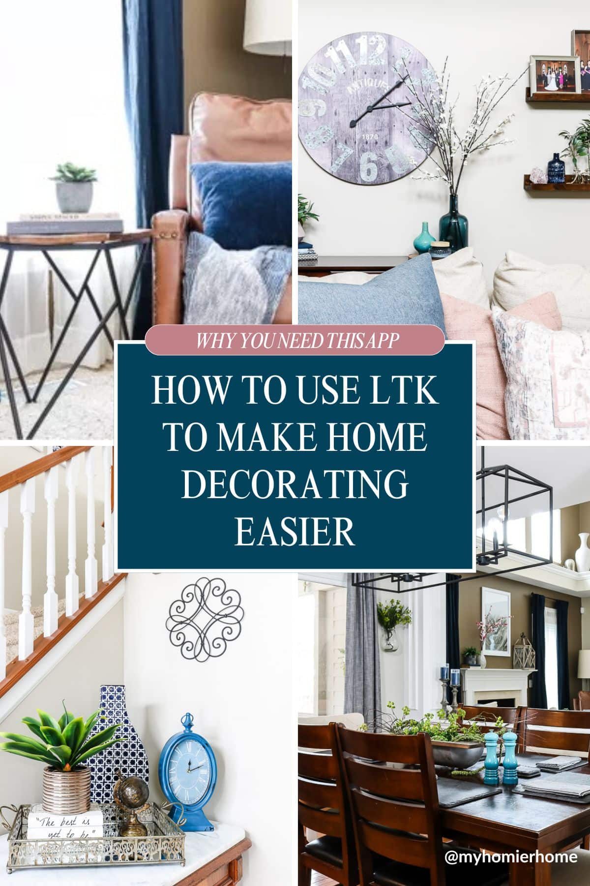 Collage of home interior images showcasing clocks, seating, and decor with the text: "Discover how to use LTK to make home decorating easier.