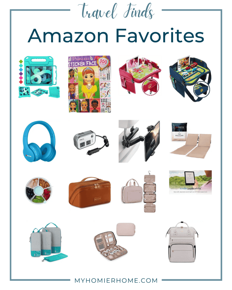 A collage of travel essentials and accessories for Spring Break, labeled as "Amazon favorites" for organized trips, recommended by myhomierhome.com.