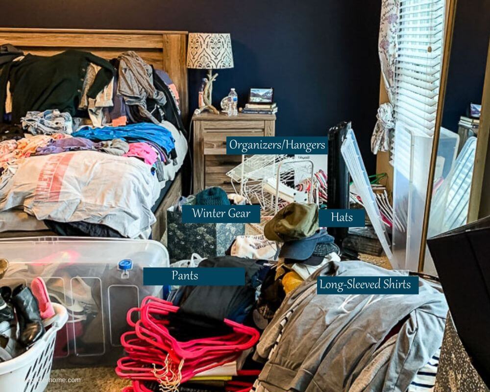 Create piles of like items as you remove items from your master closet. Then, purge each pile separately.