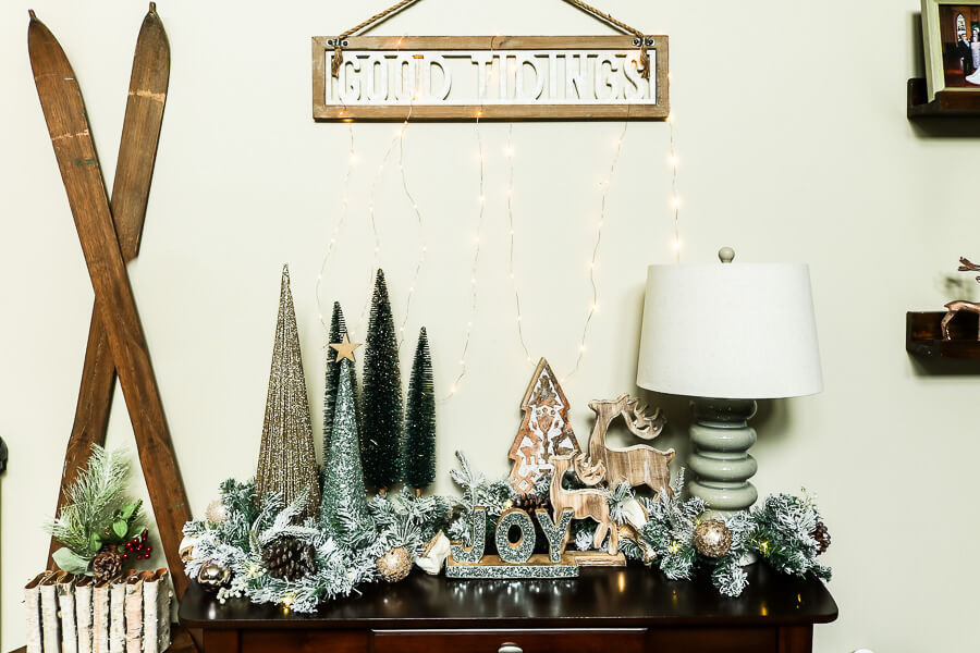 modern vintage christmas home tour console table close up