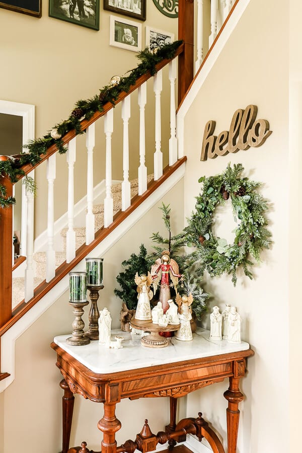 Modern Vintage Christmas Home Tour front entry table and staircase