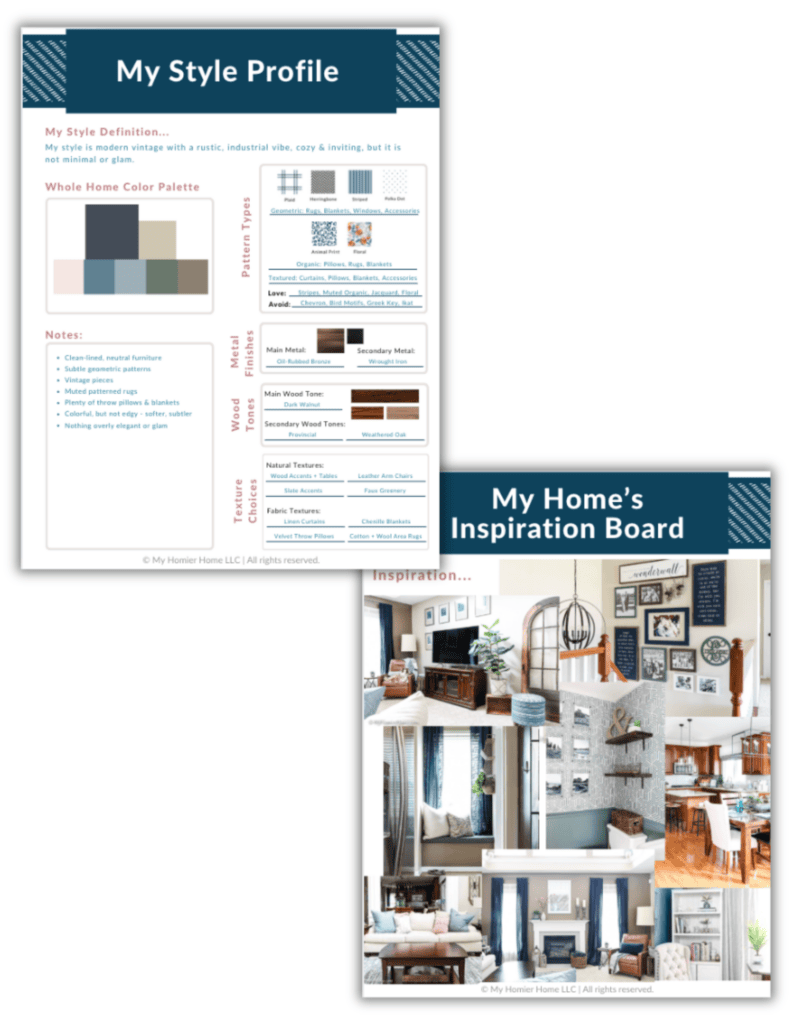 Two design documents: the first outlines a style profile with color palette and notes; the second displays a home inspiration board featuring primary bedroom ideas alongside various room images.