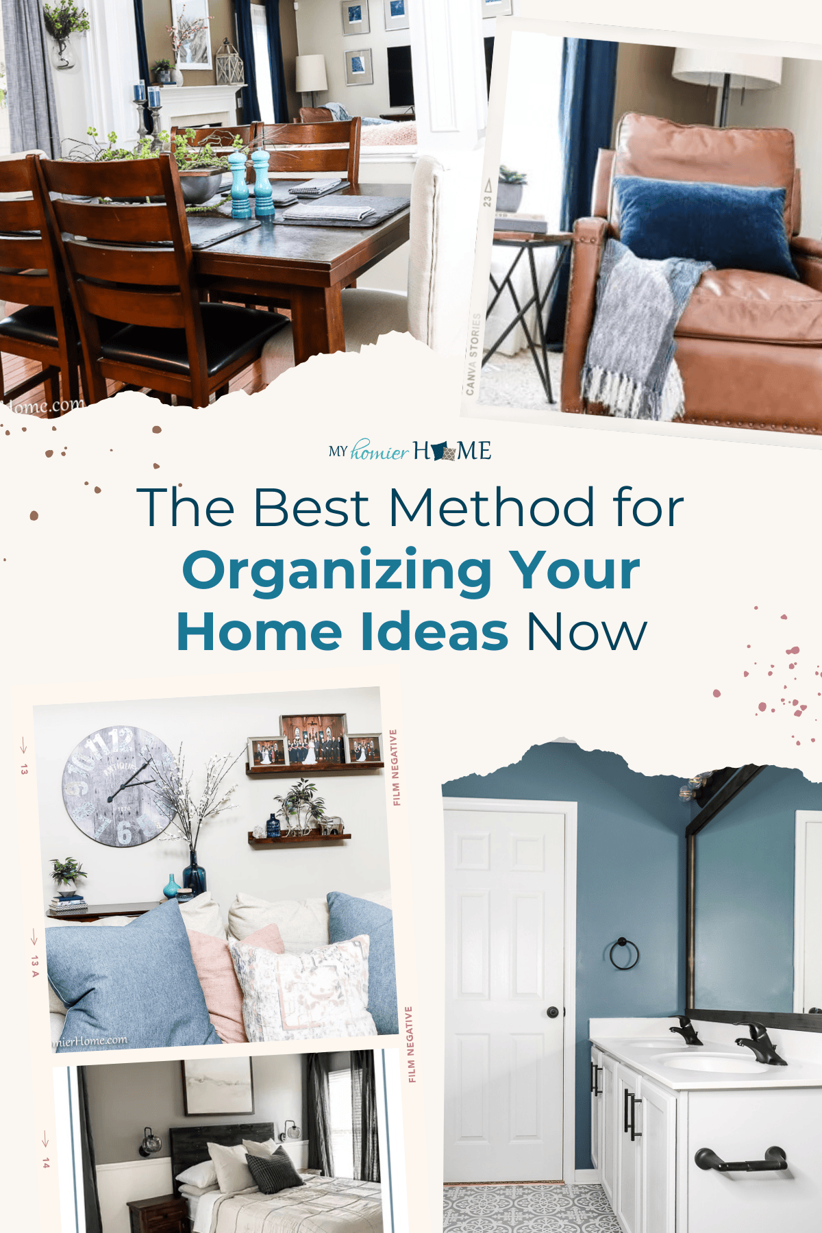 Collage of organized home interiors, including a dining area, living room, bedroom, and bathroom, with text "Discover the Best Method for Transforming Your Organizing Home Ideas Now.
