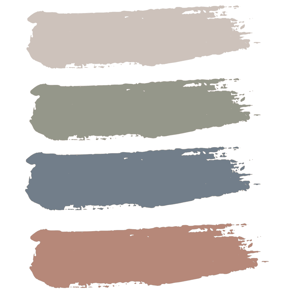 Four horizontal paint strokes in varied colors—beige, green, blue, and brown—grace the space like a curated palette of primary bedroom ideas against a plain background.