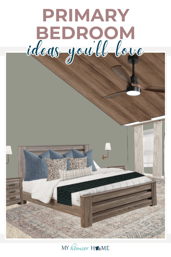 Bedroom with a wooden bed frame, patterned bedding, and pillows. Featuring a ceiling fan, side table, wall lamp, and large window. Discover primary bedroom ideas you’ll love for a space that perfectly blends comfort and style.