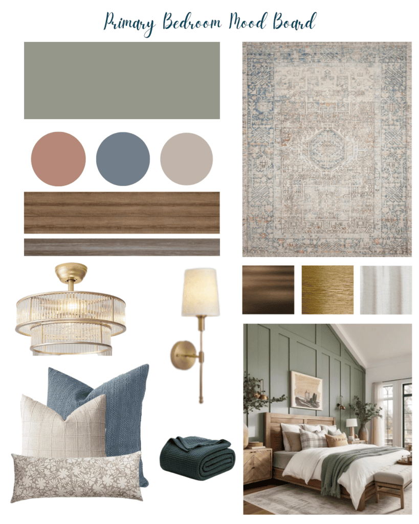 Primary bedroom ideas come to life in this mood board featuring a green accent wall, a patterned rug, brass light fixtures, and wooden textures. The palette of green, blue, and beige highlights bedding and decor samples for an inspiring retreat.