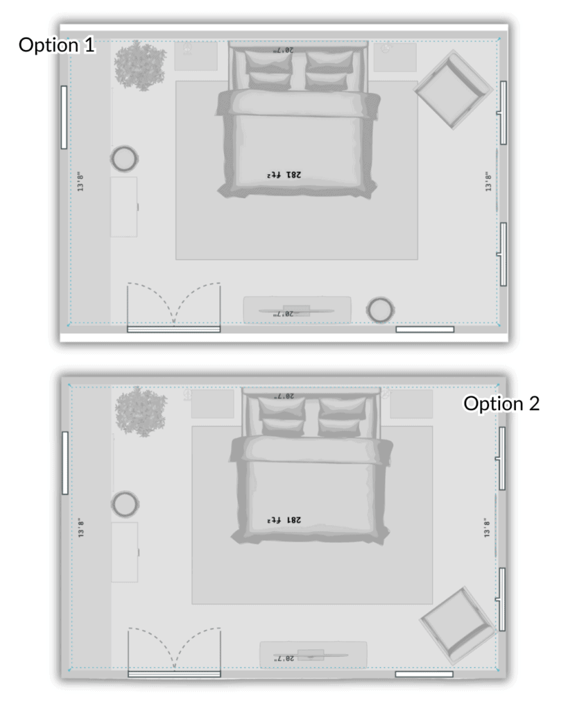 Two-bedroom layout options: Explore primary bedroom ideas with Option 1, featuring a bed centered between two side tables, a TV opposite, and a cozy corner chair. Option 2 offers a similar setup but positions the chair at the bed's foot with a lush plant in the corner.