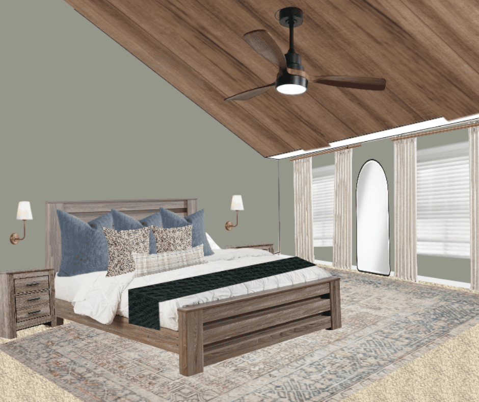 This primary bedroom features a wooden bed, blue patterned pillows, a decorative throw, and a wooden ceiling with a fan. Wall sconces flank a large mirror, while the eye-catching patterned rug completes the elegant space.