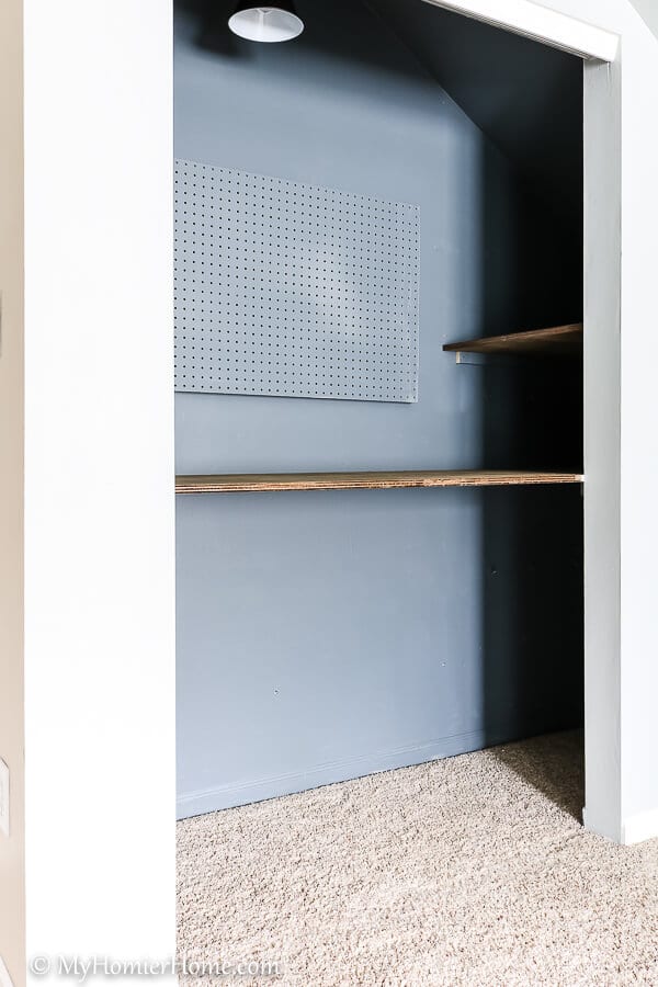 When you need more space, repurpose a closet! In our bonus room makeover, we transformed our closet into a storage and kid craft space. Check it out!