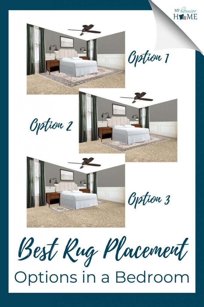 Looking to find the best bedroom rug placement for your bedroom? This is the post for you. All your options are right here. This option is putting the rug under the bed and nightstands.