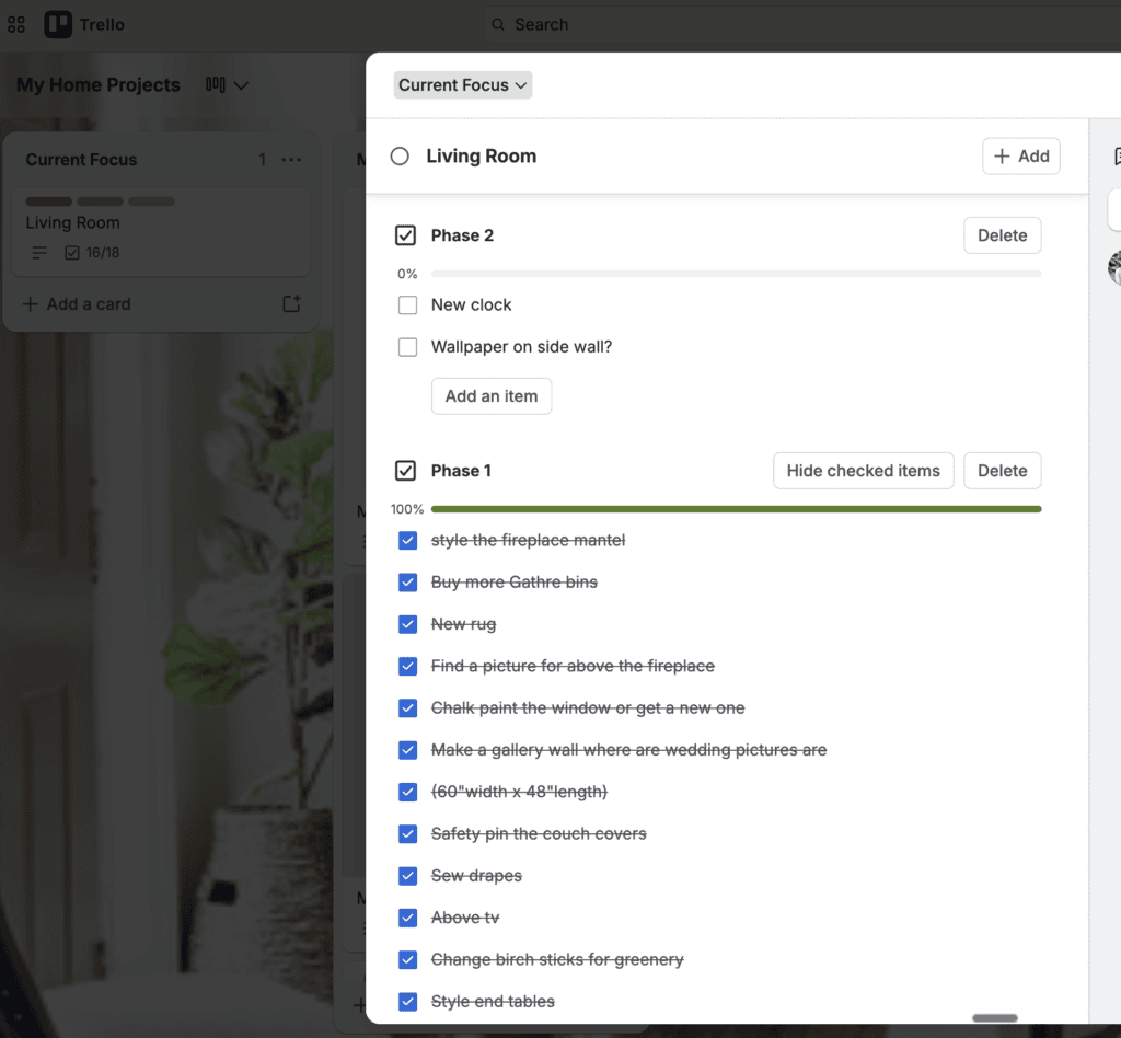 A Trello board shows a checklist for a living room project in the Home Improvement Planner, with completed tasks in blue and others left under two phases.
