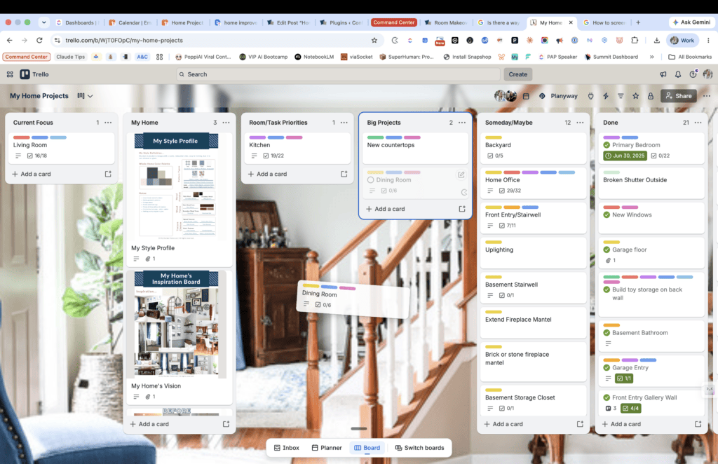 A Trello board on a desktop screen displays multiple project lists and cards with interior home project tasks, priorities, and Home Improvement Planner inspirations. A staircase is visible in the background.