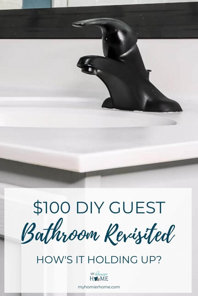 Over a year later, let's see how the $100 bathroom makeover with spray painted counters, faucets, and more is holding up. Check it out here.