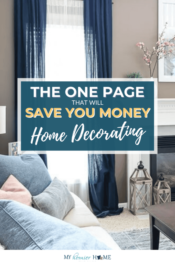 Living room with blue curtains, white sheer panel, blue armchair, gray sofa with pink and blue pillows, and decorative lanterns by a fireplace. Text overlay offers a home decorating savings guide to help elevate your interior design and enhance your unique decorating style.