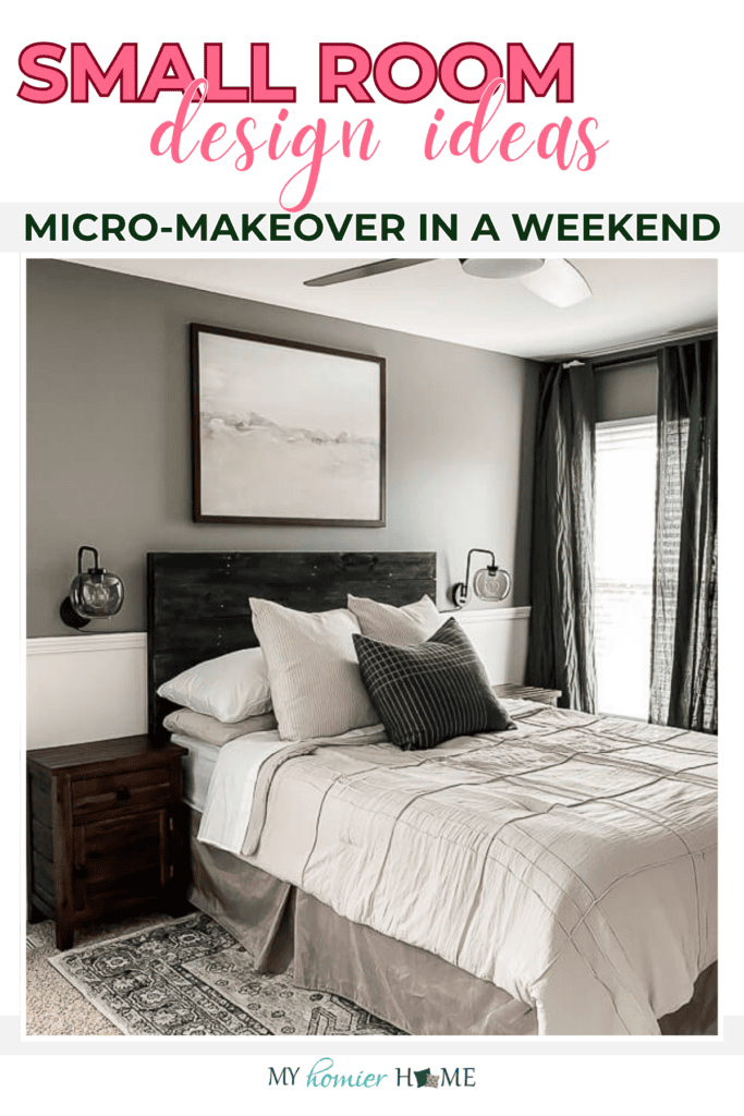 A neatly made bed with pillows and a blanket in a small, modern bedroom showcases smart small room design ideas, featuring gray walls, a ceiling fan, wall art, and bedside tables with lamps.